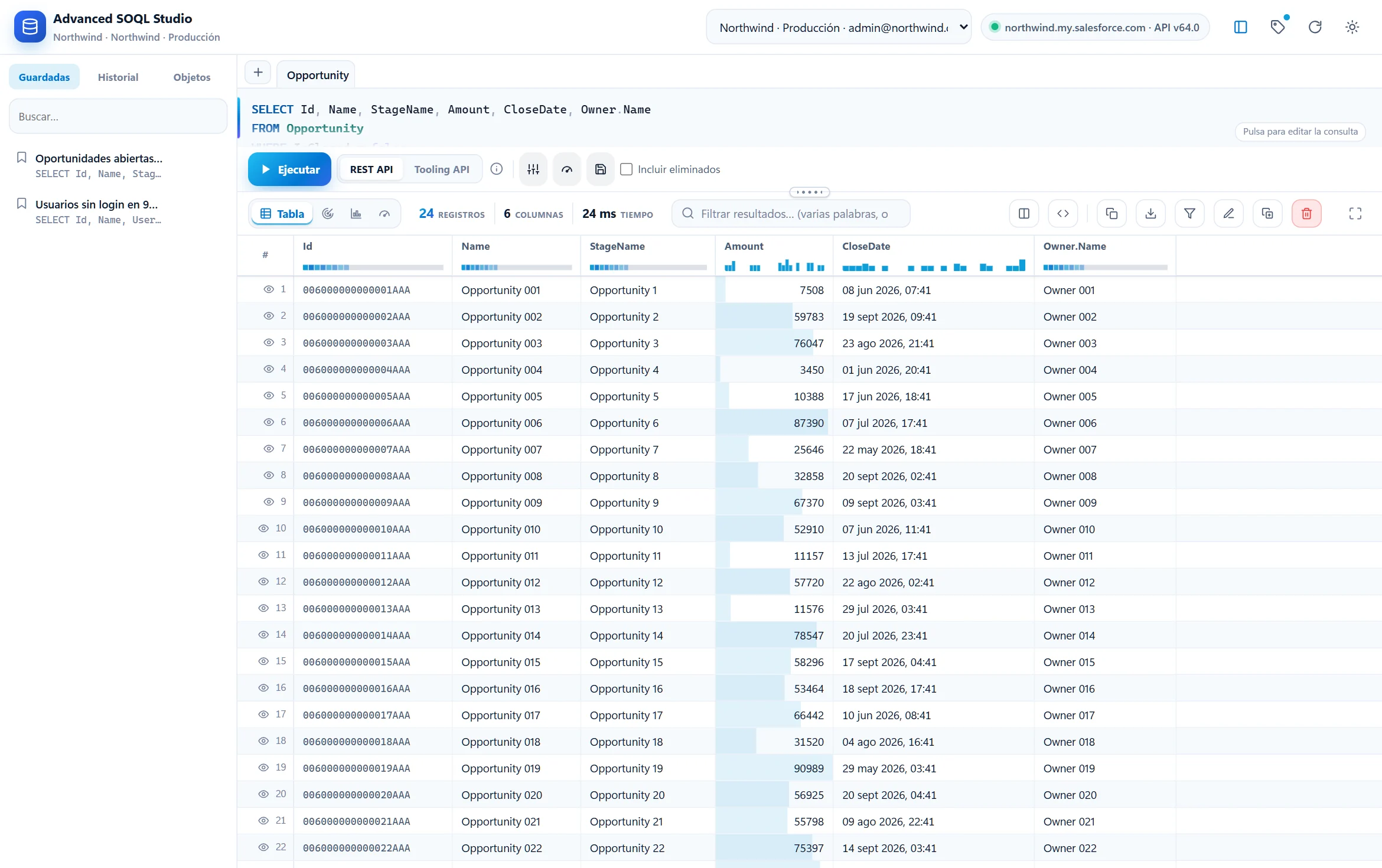 Advanced SOQL Studio con los resultados de una consulta y sus acciones